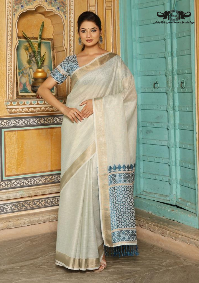 Artistic Abstract Digital Print Linen Saree with Metallic Border SET OF 6