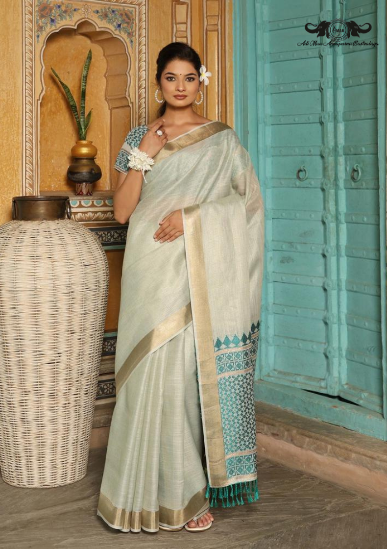 Artistic Abstract Digital Print Linen Saree with Metallic Border SET OF 6