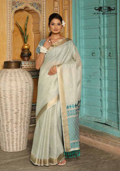 Artistic Abstract Digital Print Linen Saree with Metallic Border SET OF 6