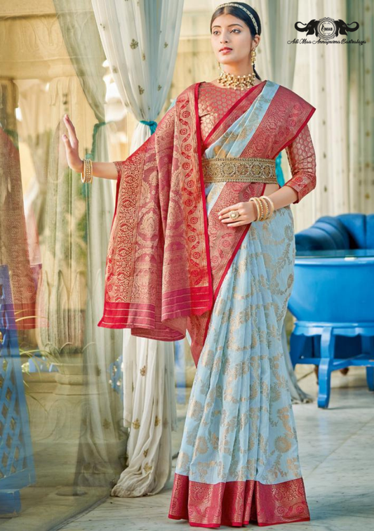 Heavy Woven Floral Silk Saree with Traditional Paisley Pallu set of 6