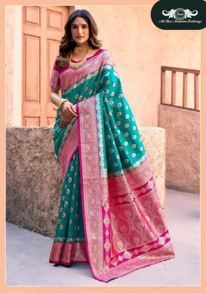 Banarasi Soft Silk Saree with Paisley Butti and Zari Border set of 5