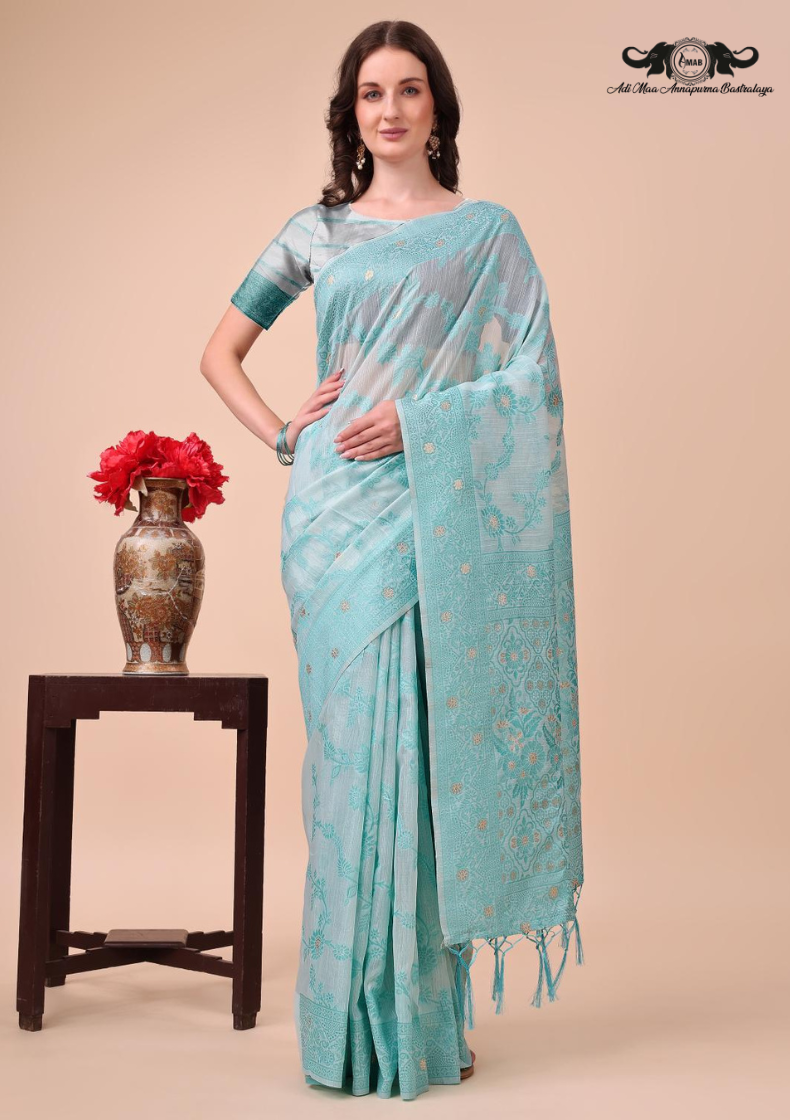 Floral Woven Linen Blend Saree with Elegant Zari Border SET OF 5