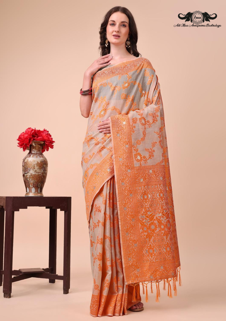 Floral Woven Linen Blend Saree with Elegant Zari Border SET OF 5