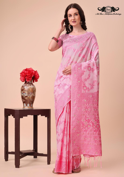 Floral Woven Linen Blend Saree with Elegant Zari Border SET OF 5