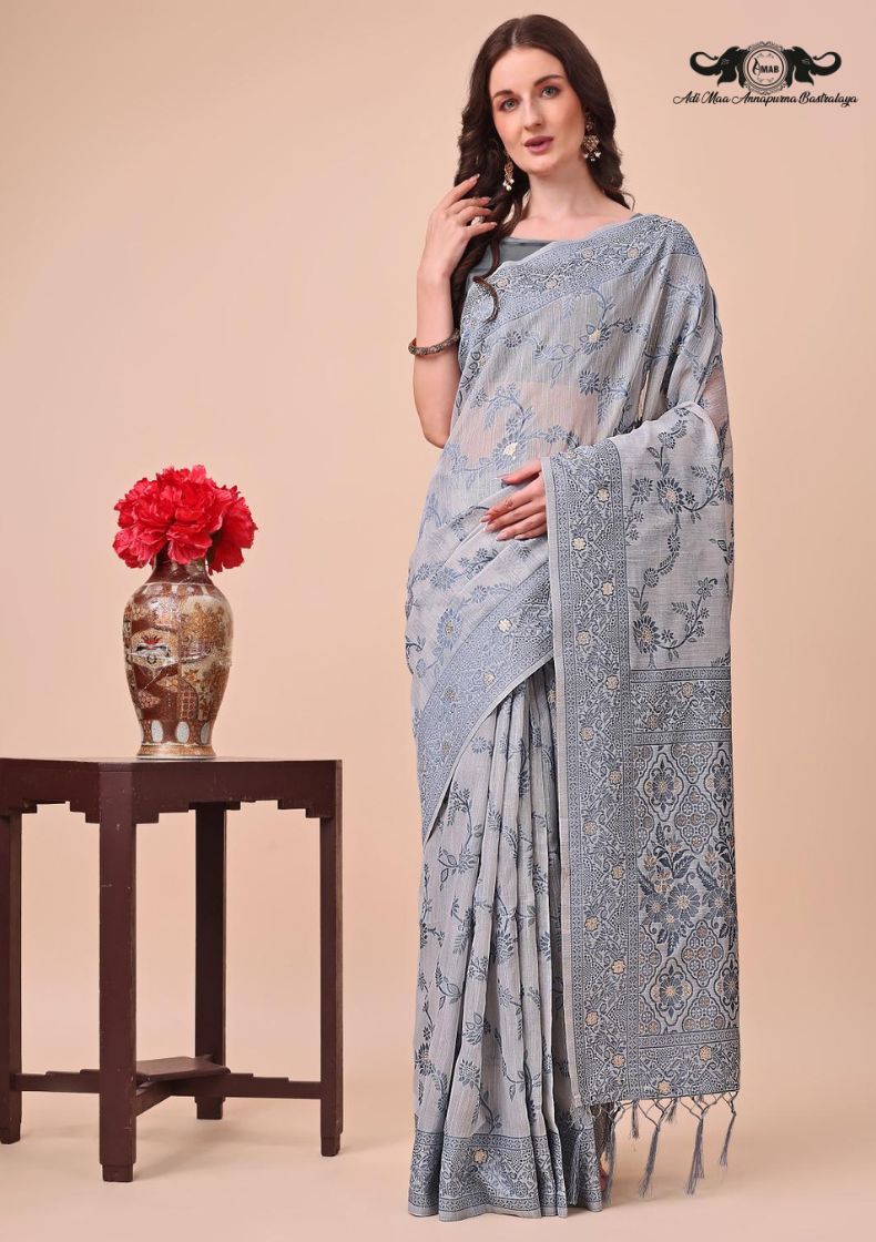 Floral Woven Linen Blend Saree with Elegant Zari Border SET OF 5