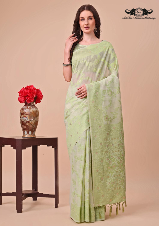 Floral Woven Linen Blend Saree with Elegant Zari Border SET OF 5