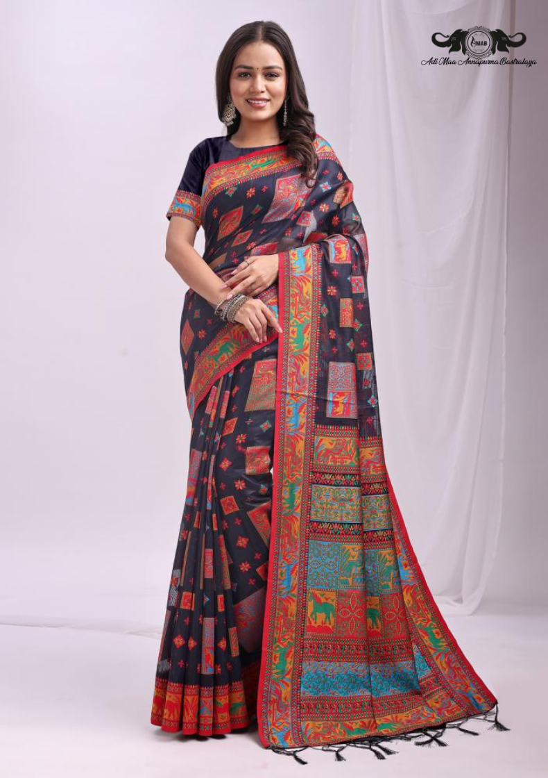 Cotton Blend Digital Print Saree with Intricate Elephant Motifs SET OF 6
