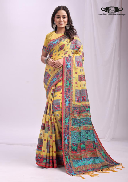 Cotton Blend Digital Print Saree with Intricate Elephant Motifs SET OF 6