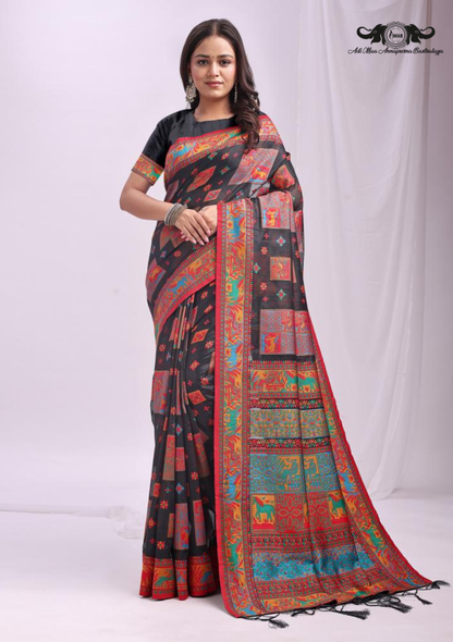 Cotton Blend Digital Print Saree with Intricate Elephant Motifs SET OF 6