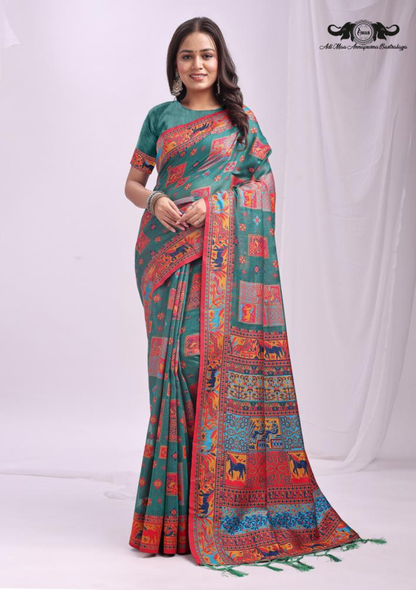 Cotton Blend Digital Print Saree with Intricate Elephant Motifs SET OF 6