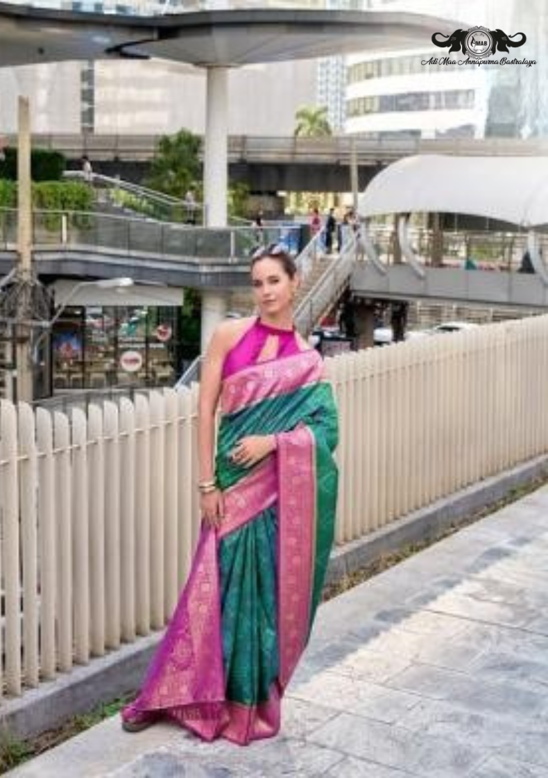 Handloom Banarasi Soft Silk Saree with Traditional Paisley Butti set of 8