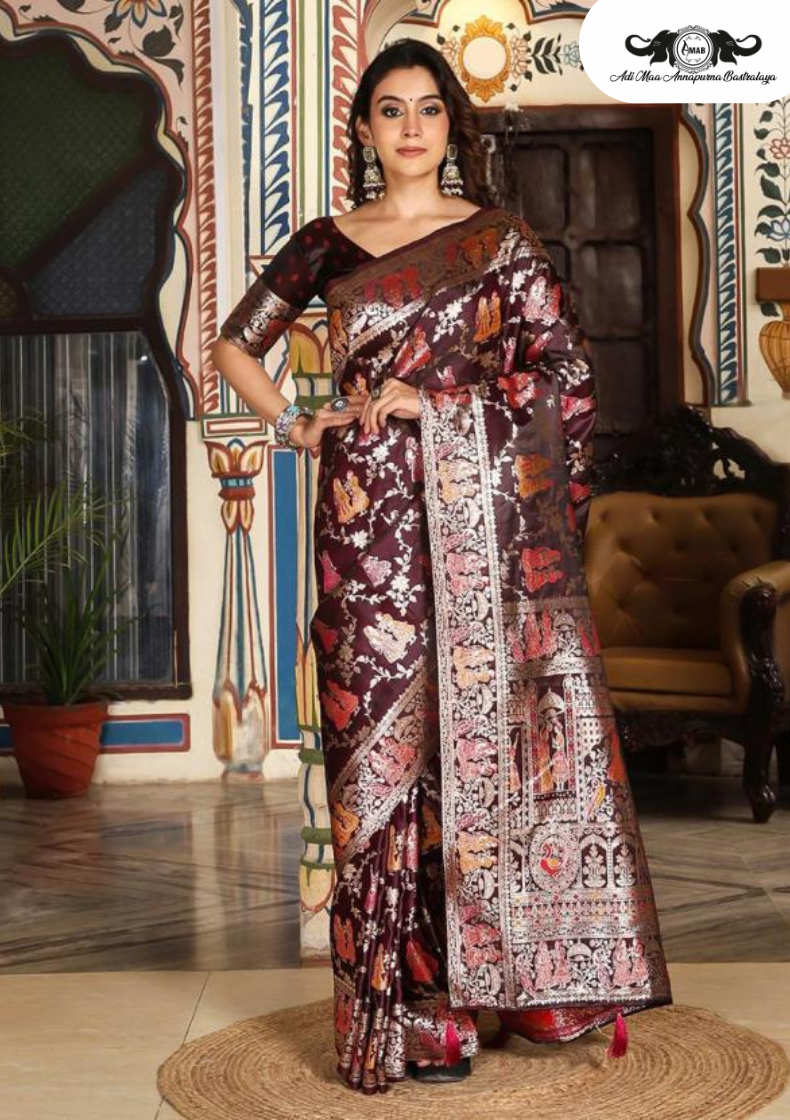 Handloom Banarasi Soft Silk Saree with Traditional Paisley Butti Weaving set of 5