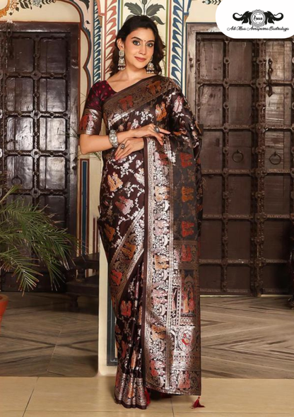 Handloom Banarasi Soft Silk Saree with Traditional Paisley Butti Weaving set of 5