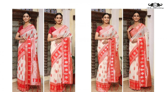 Elegant Linen Blend Saree with Woven Zari Border and Tassels set of 4