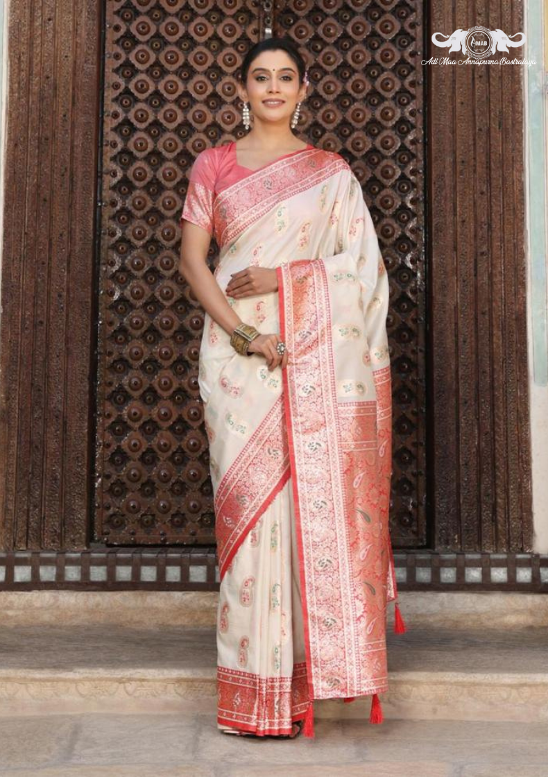 Banarasi Soft Silk Saree with Traditional Paisley Butti and Zari Border set of 5