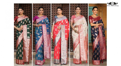 Banarasi Soft Silk Saree with Traditional Paisley Butti and Zari Border set of 5