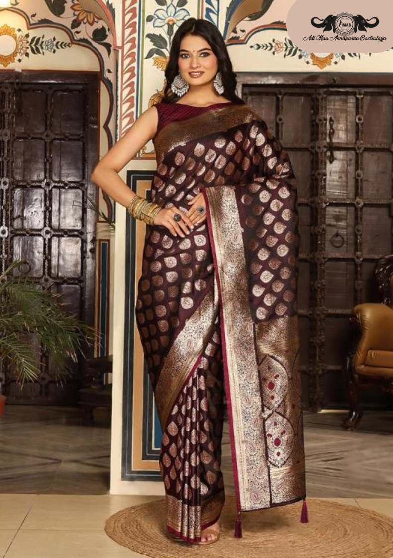 Designer Banarasi Soft Silk Saree with Heavy Leaf Weaving set of 6