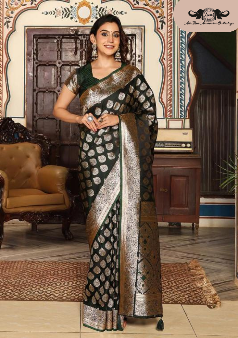 Designer Banarasi Soft Silk Saree with Heavy Leaf Weaving set of 6