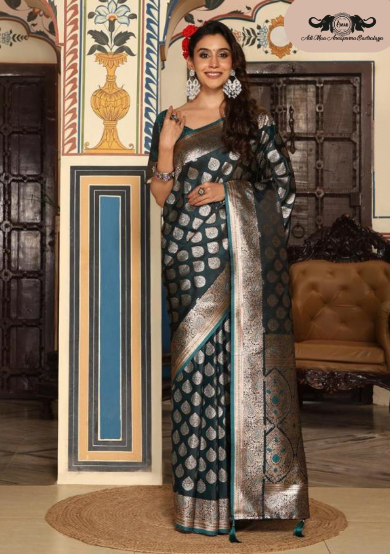 Designer Banarasi Soft Silk Saree with Heavy Leaf Weaving set of 6