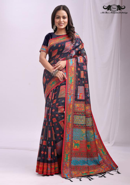 Gauri Traditional Soft Silk Saree with Heavy Zari Floral Border set of 6