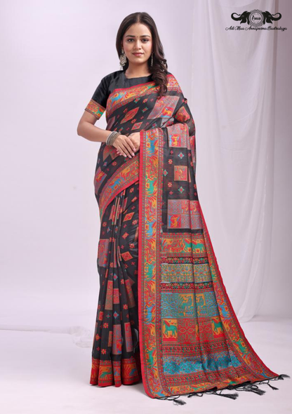 Gauri Traditional Soft Silk Saree with Heavy Zari Floral Border set of 6