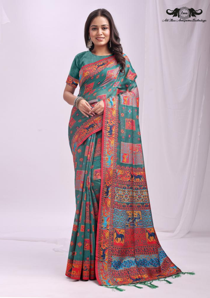 Gauri Traditional Soft Silk Saree with Heavy Zari Floral Border set of 6