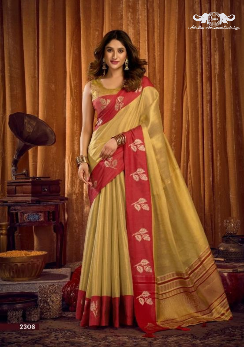 Premium Linen Blend Saree with Woven Geometric Border and Tassels set of 8