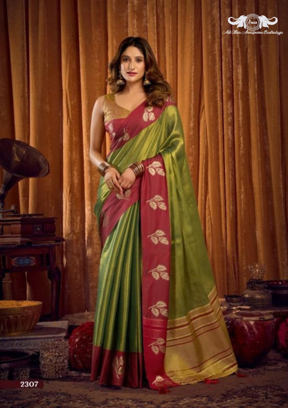 Premium Linen Blend Saree with Woven Geometric Border and Tassels set of 8