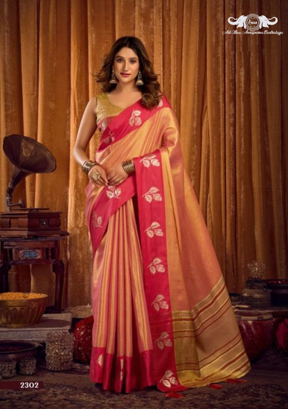 Premium Linen Blend Saree with Woven Geometric Border and Tassels set of 8