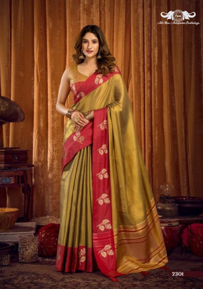 Premium Linen Blend Saree with Woven Geometric Border and Tassels set of 8