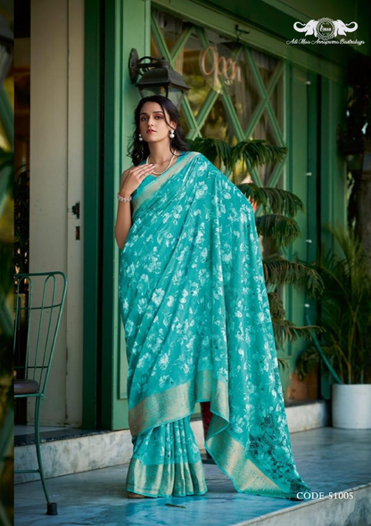 Premium Floral Woven Linen Saree with Elegant Zari Border set of 8
