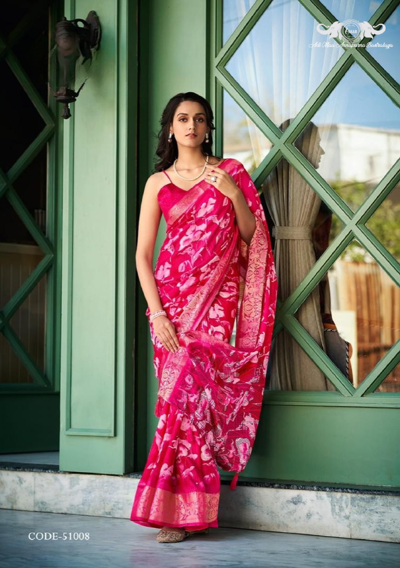 Premium Floral Woven Linen Saree with Elegant Zari Border set of 8