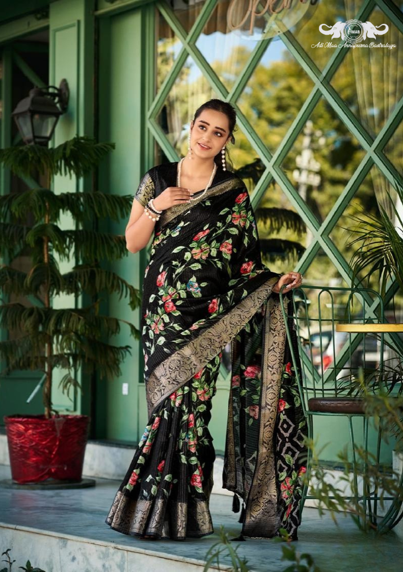 Premium Floral Woven Linen Saree with Elegant Zari Border set of 8