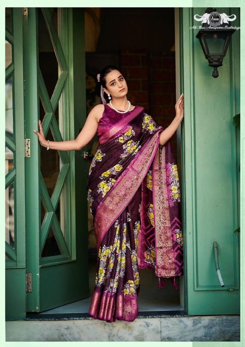 Premium Floral Woven Linen Saree with Elegant Zari Border set of 8