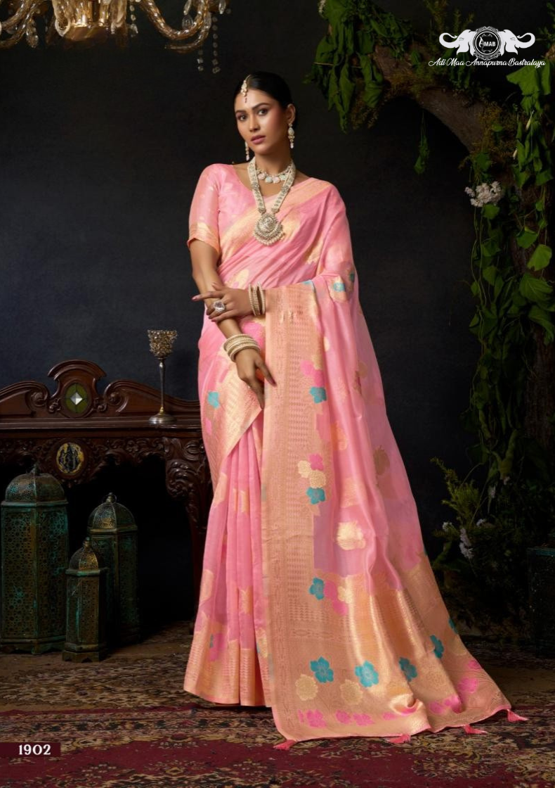 Premium Floral Woven Linen Saree with Elegant Zari Border set of 4