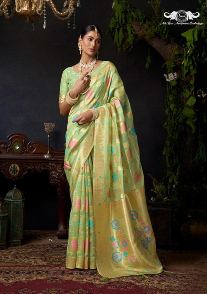 Premium Floral Woven Linen Saree with Elegant Zari Border set of 4