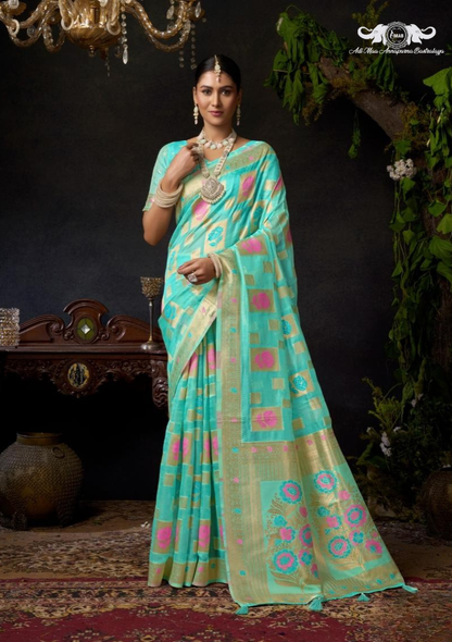 Premium Floral Woven Linen Saree with Elegant Zari Border set of 4