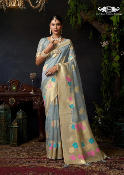 Premium Floral Woven Linen Saree with Elegant Zari Border set of 4