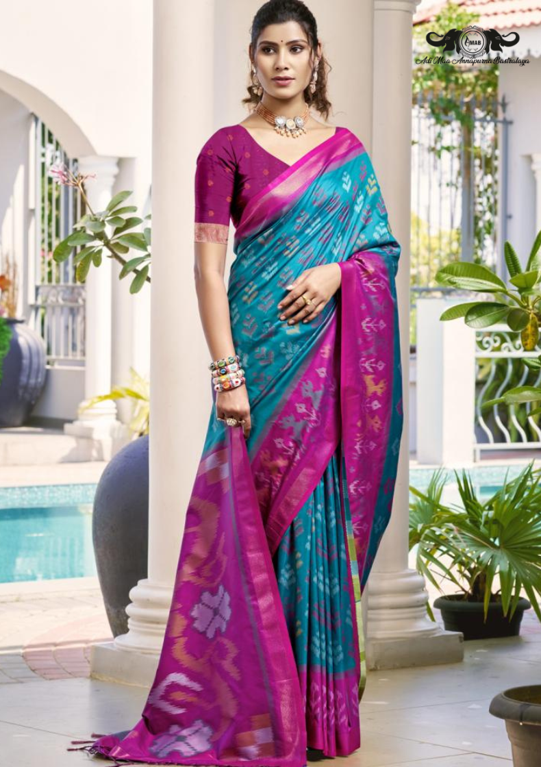 Premium Patola Silk Saree with Traditional Ikkat Prints and Zari Border set of 8
