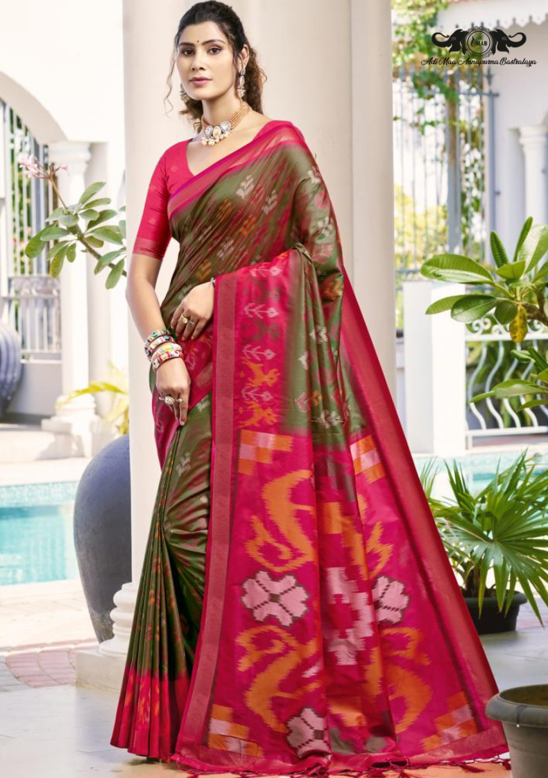 Premium Patola Silk Saree with Traditional Ikkat Prints and Zari Border set of 8