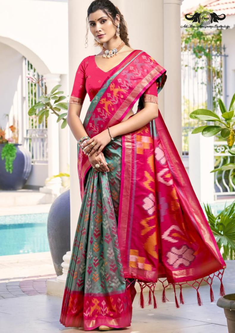 Premium Patola Silk Saree with Traditional Ikkat Prints and Zari Border set of 8