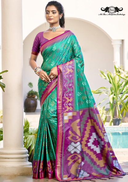 Premium Patola Silk Saree with Traditional Ikkat Prints and Zari Border set of 8