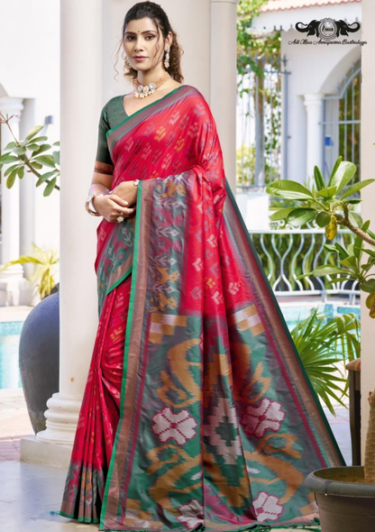 Premium Patola Silk Saree with Traditional Ikkat Prints and Zari Border set of 8