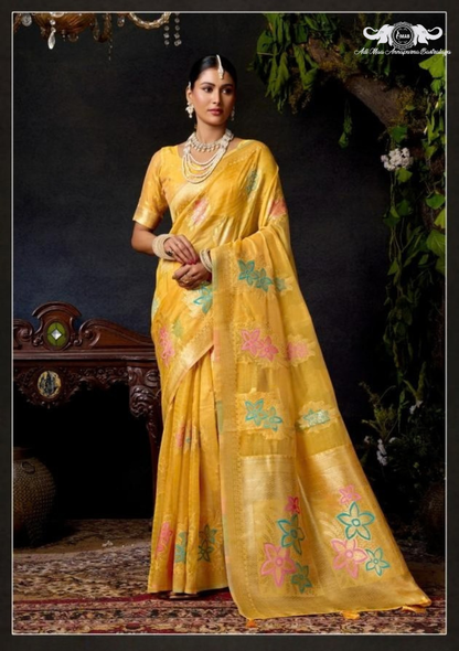 Elegant Handloom Linen Saree with Traditional Jamdani Style Woven Accents set of 4