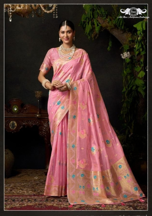 Elegant Handloom Linen Saree with Traditional Jamdani Style Woven Accents set of 4