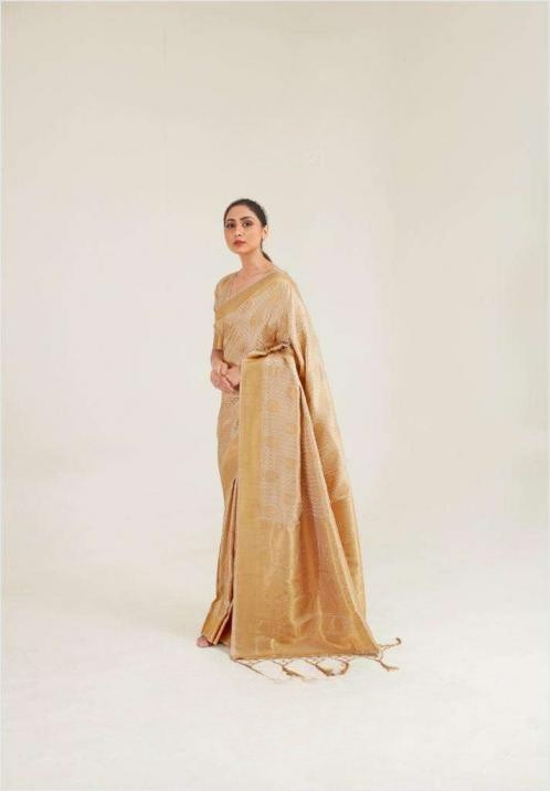 Wholesale Golden Zari Silk Saree with Rich Pallu and Tassels set of 1