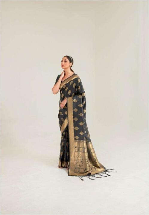 Wholesale Black Silk Saree with Antique Gold Zari Weave set of 1