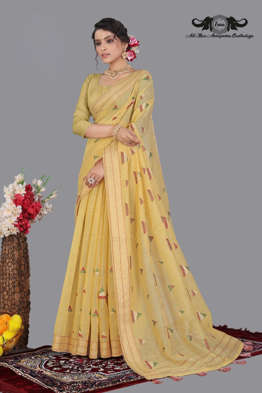 Elegant Handloom Cotton Saree with Geometric Embroidery