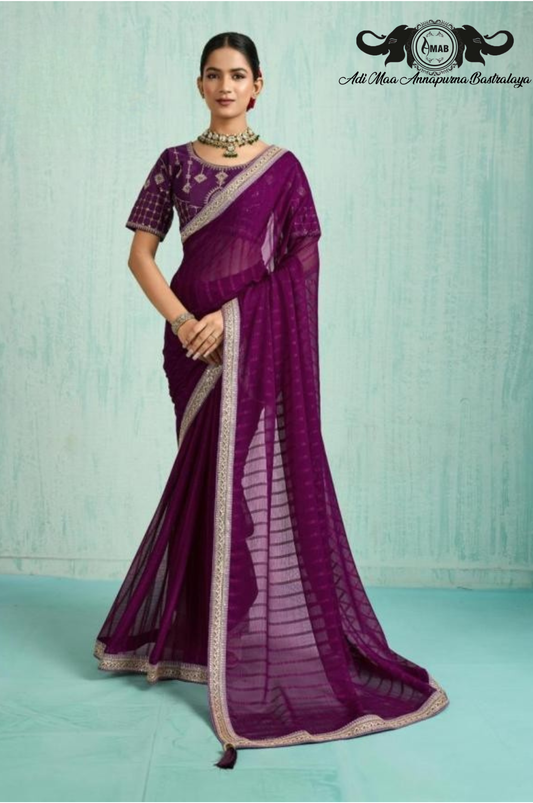 Wholesale Deep Purple Georgette Saree with Woven Border