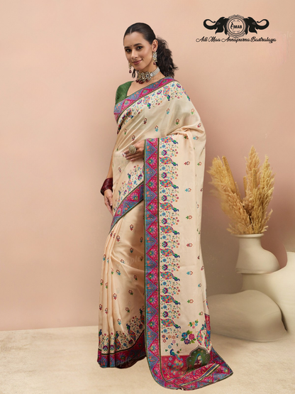 Elegant Kashmiri Silk Saree with Rich Pallu Border